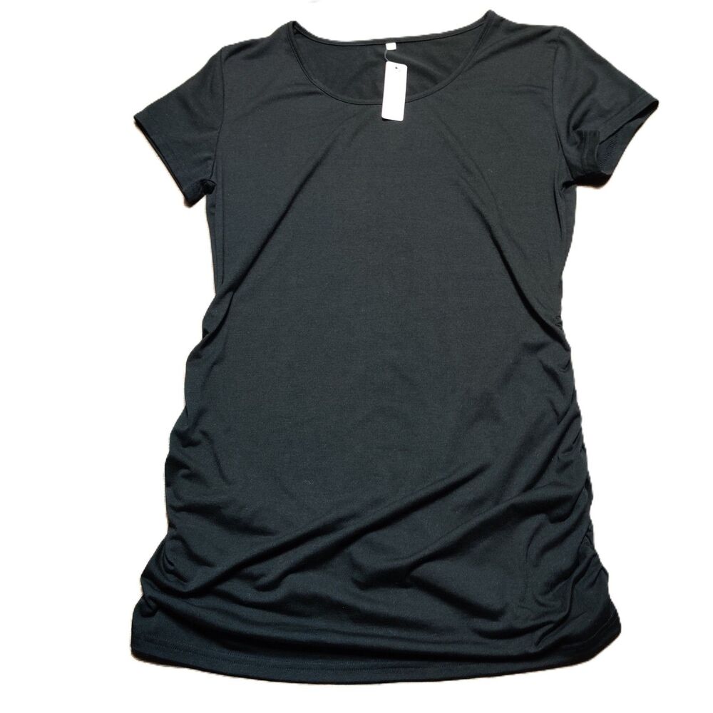 Liu & Qu Women's Maternity Shirt Black Ruched Side Short Sleeve Top Size L NWT